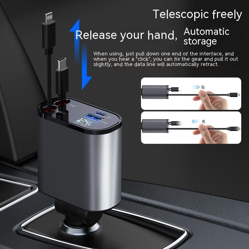100W Metal Car Charger with USB and Type-C Adapter plugged into car cigarette lighter