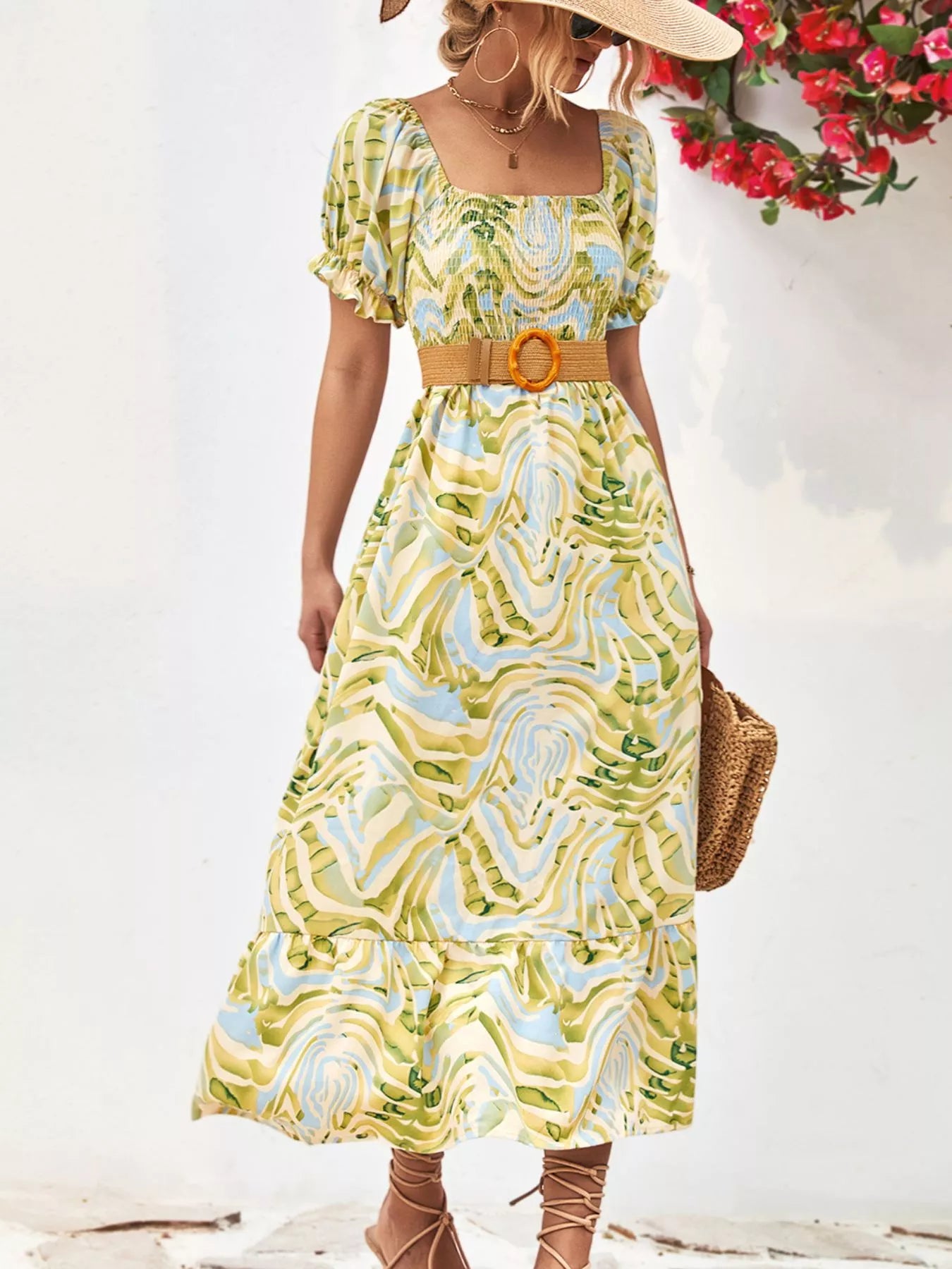 Smocked printed puff sleeve midi dress close-up bodice