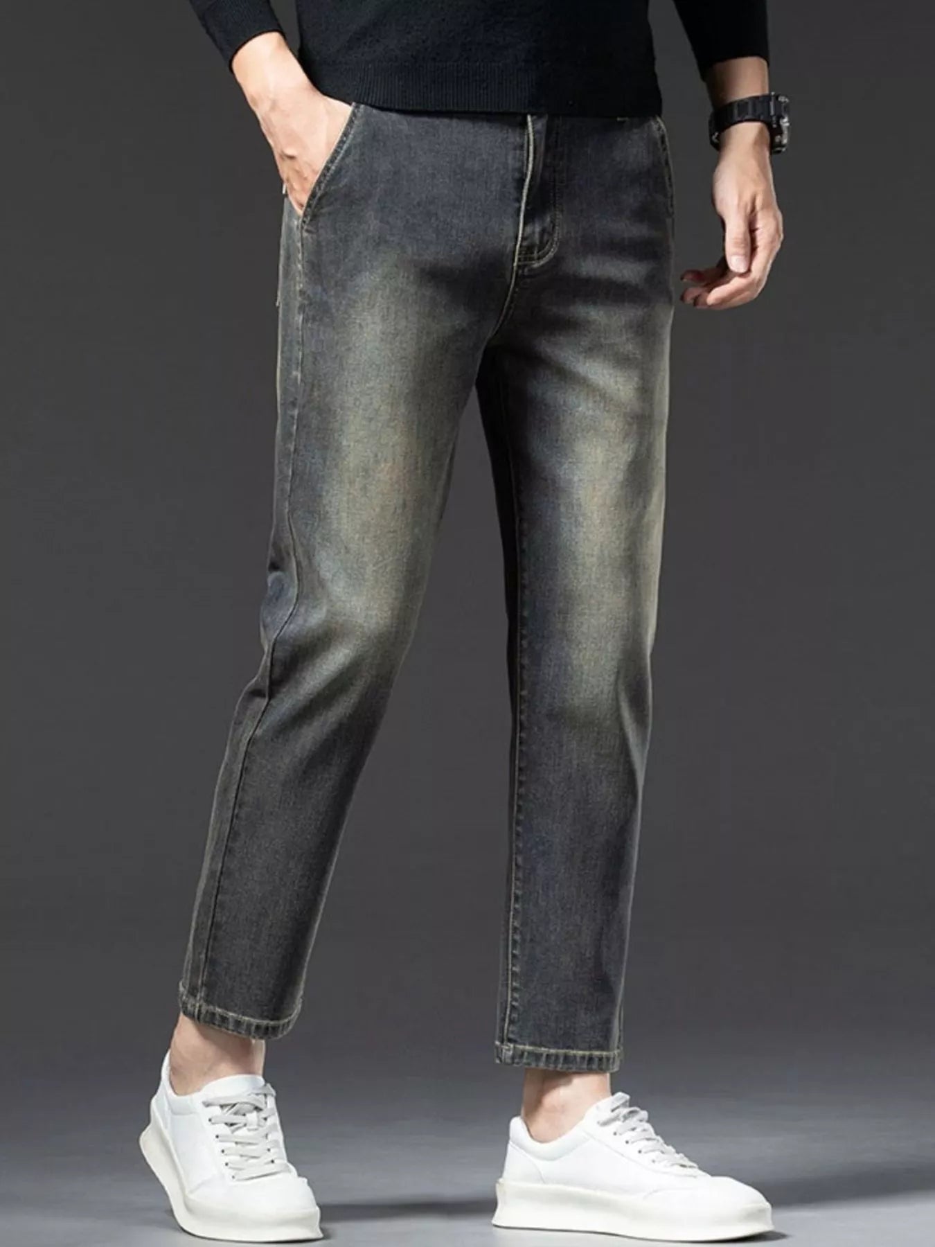 Vintage wash jeans for men side angle classic denim