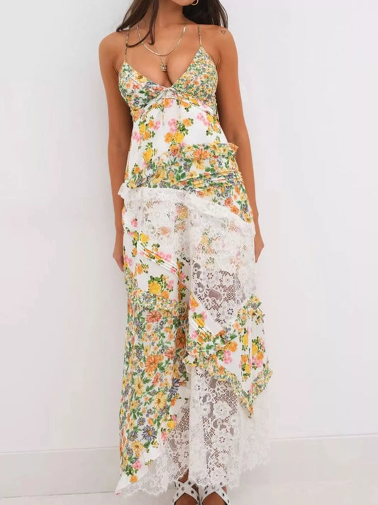 Lace detail ruffled floral v-neck maxi dress casual outdoor wear
