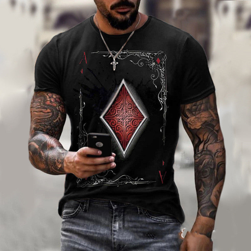 Model wearing playing card printing mens t-shirt