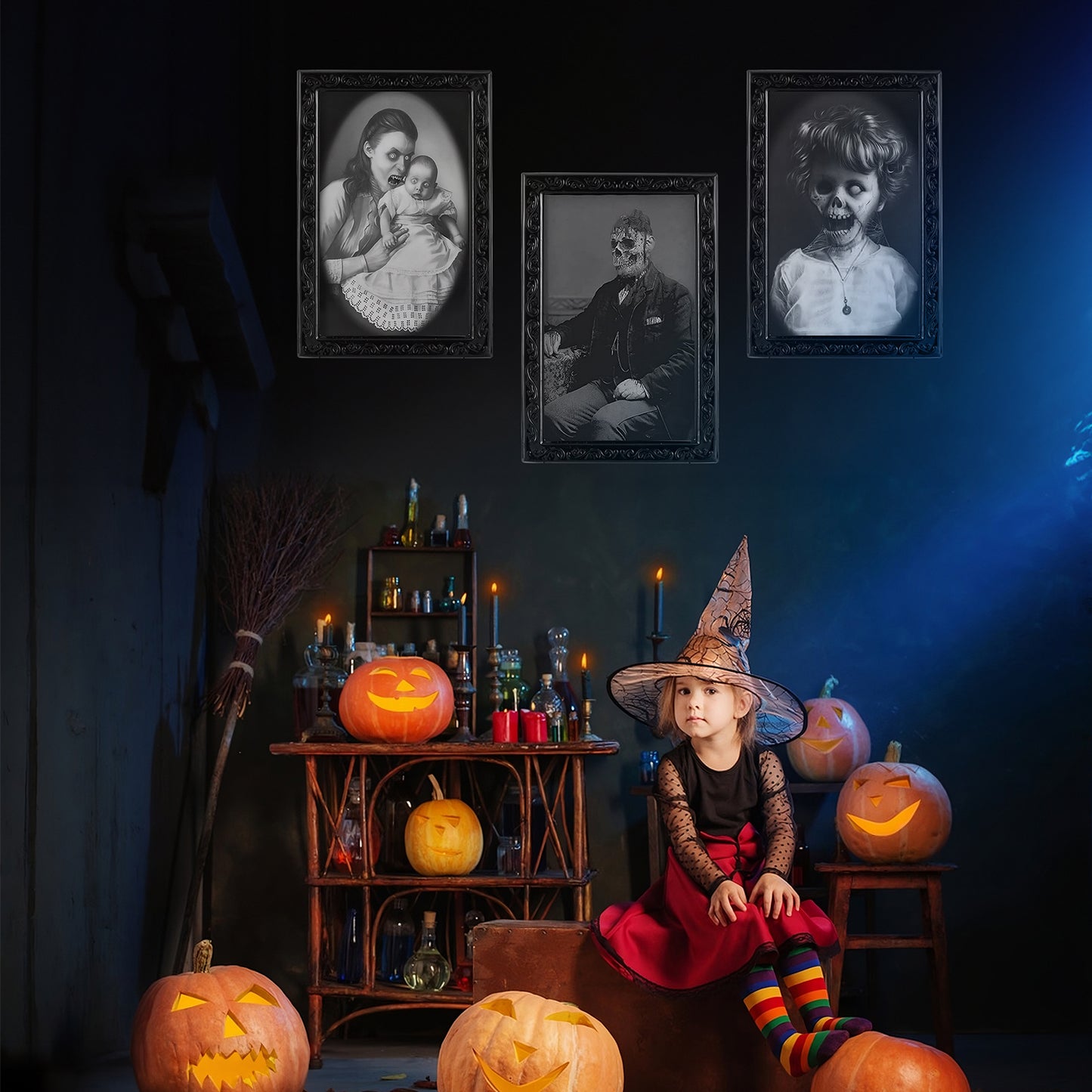 Halloween Decoration 3D Changing Face Moving Picture Frame in a spooky room