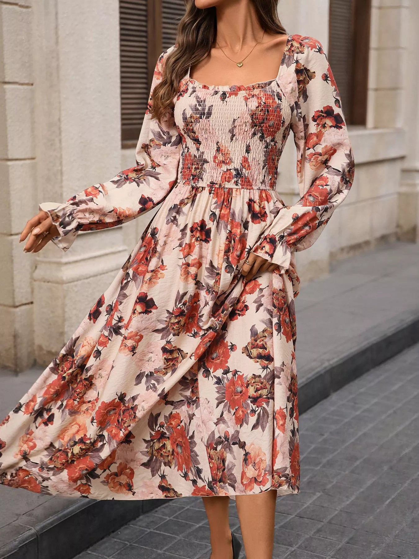 Smocked Floral Print Flounce Sleeve Dress side view