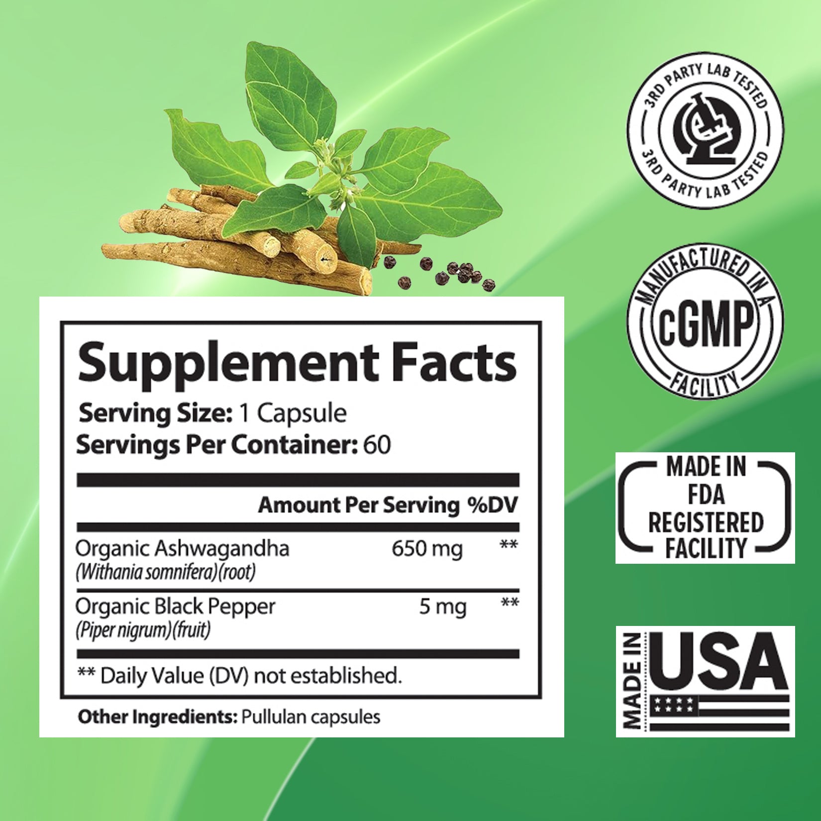 Organic Ashwagandha Supplements Vegan Stress Relief bottle