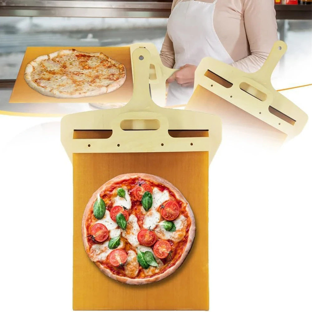 Sliding Non Stick Pizza Shovel resting on wooden cutting boardSliding Non Stick Pizza Shovel resting on wooden cutting board