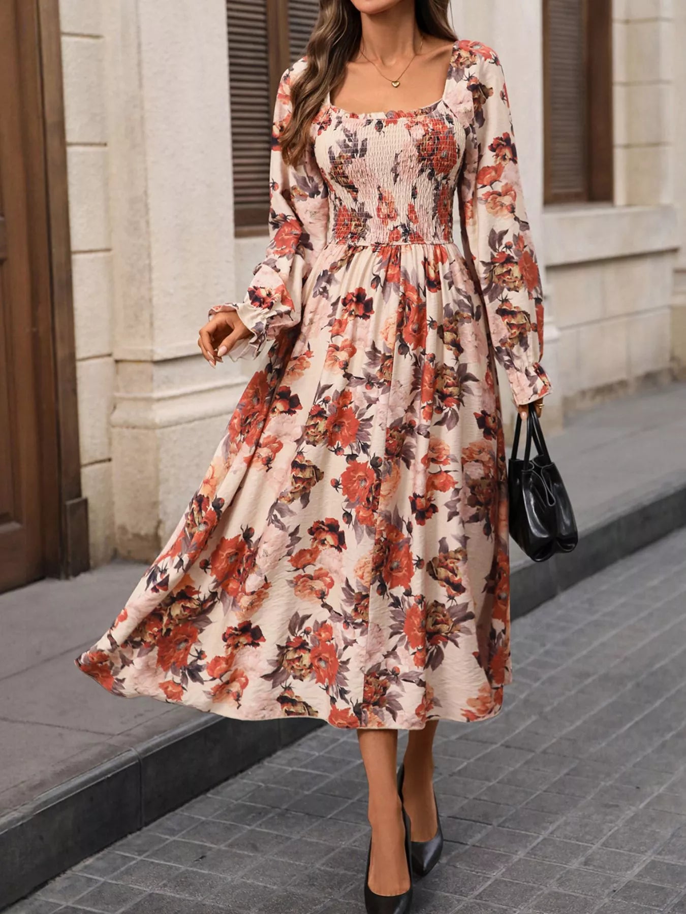 Smocked Floral Print Flounce Sleeve Dress fabric detail