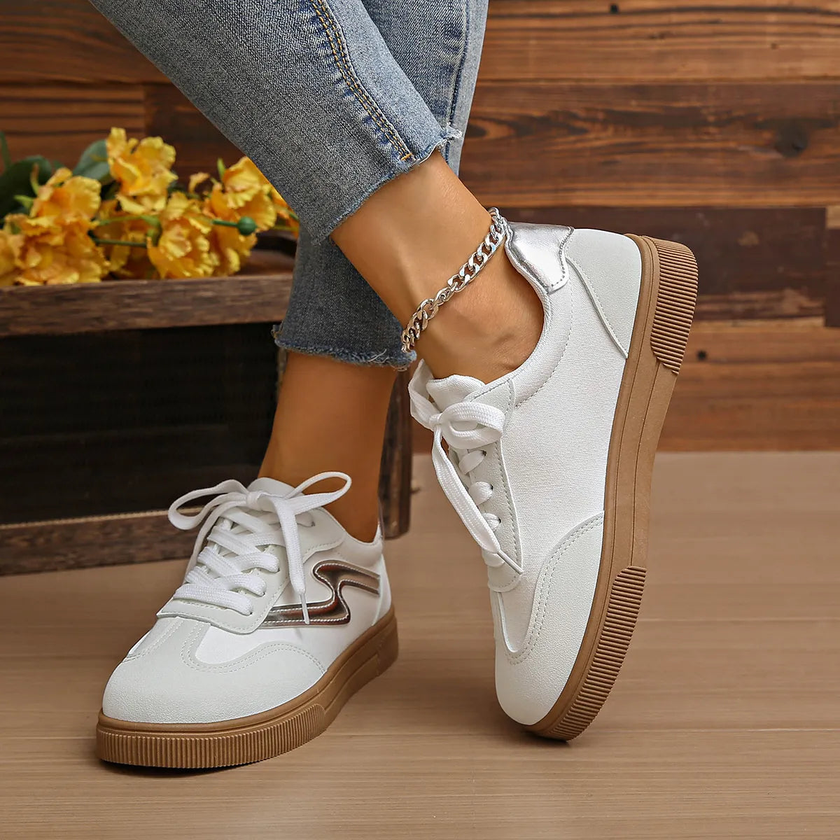 Lace Up Platform Sneakers on wooden floor