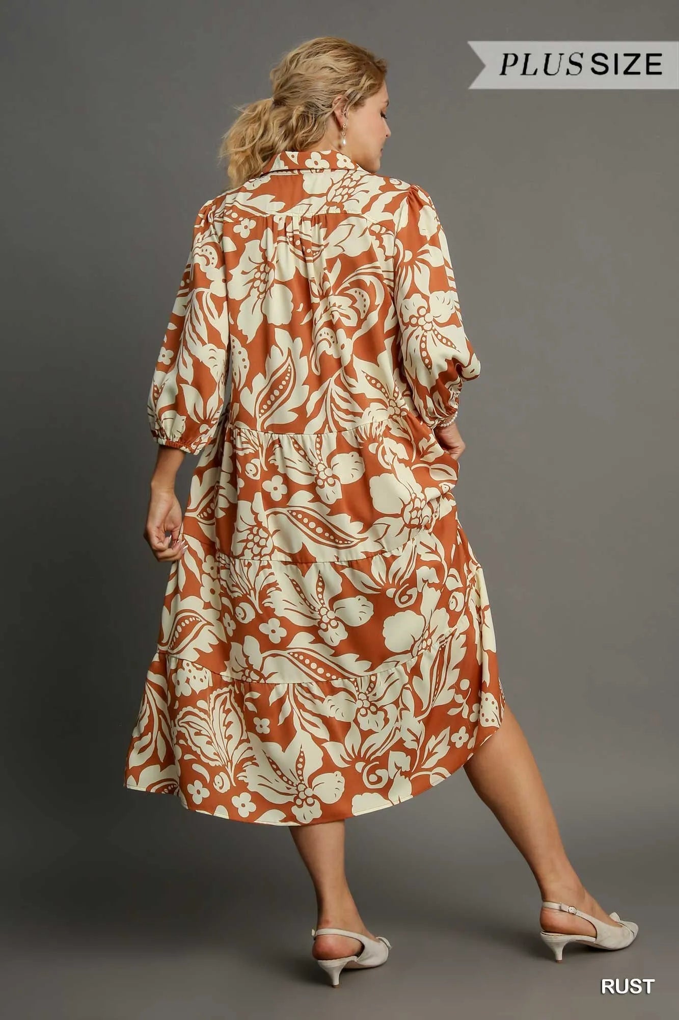 Umgee Full Size Floral Tiered Midi Shirt Dress Plus Size on model