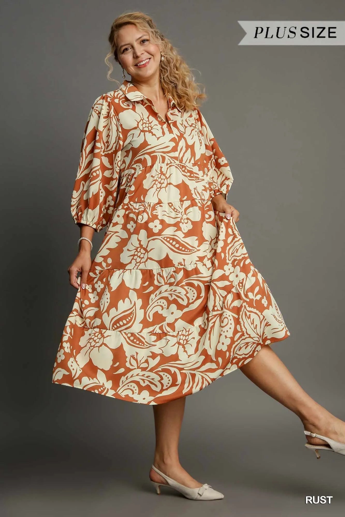 Umgee Full Size Floral Tiered Midi Shirt Dress Plus Size with floral details