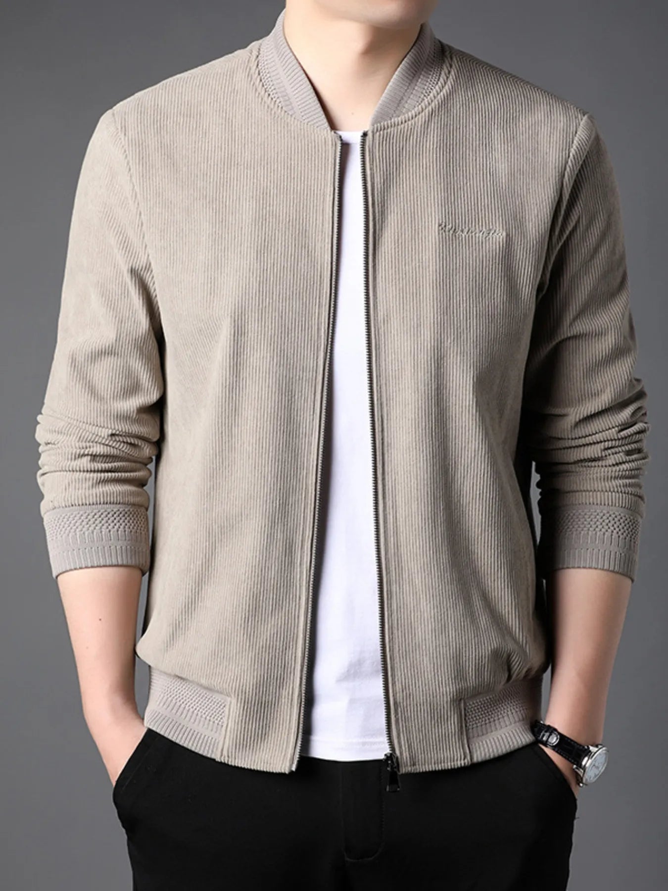 Men's zip up long sleeve jacket pocket detail