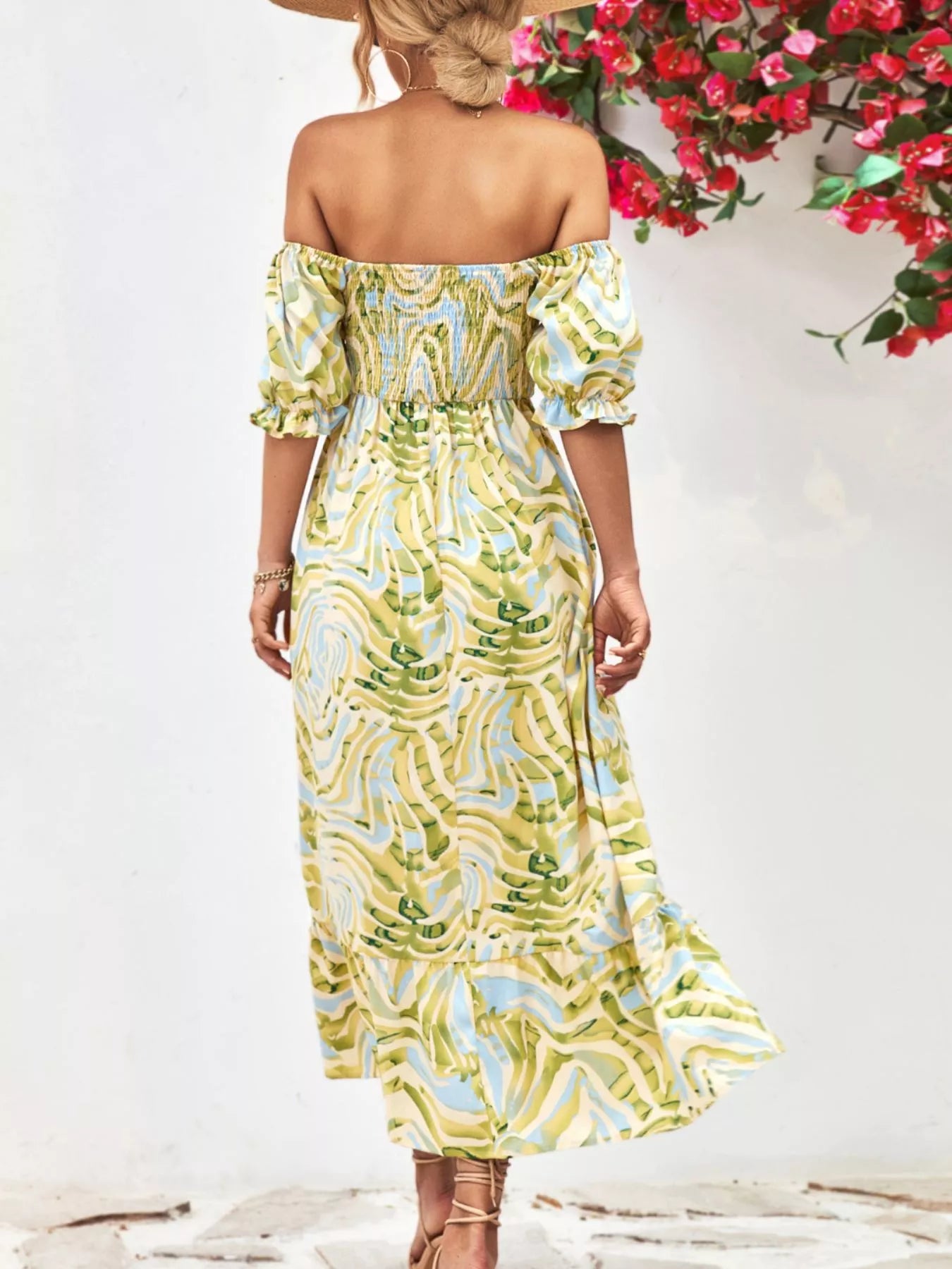 Smocked printed puff sleeve midi dress back view
