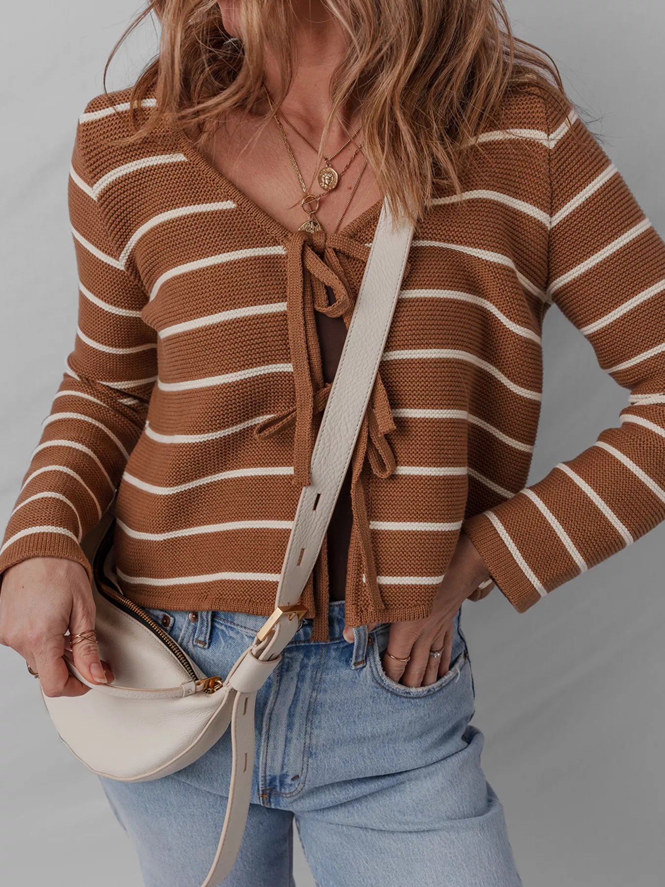 Tie Front Striped Knit V Neck Cardigan on model