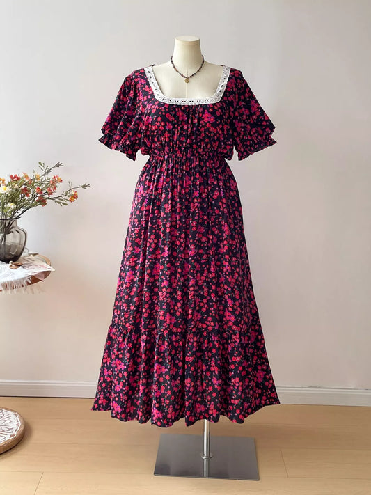 Front view of plus size floral square neck short sleeve dress