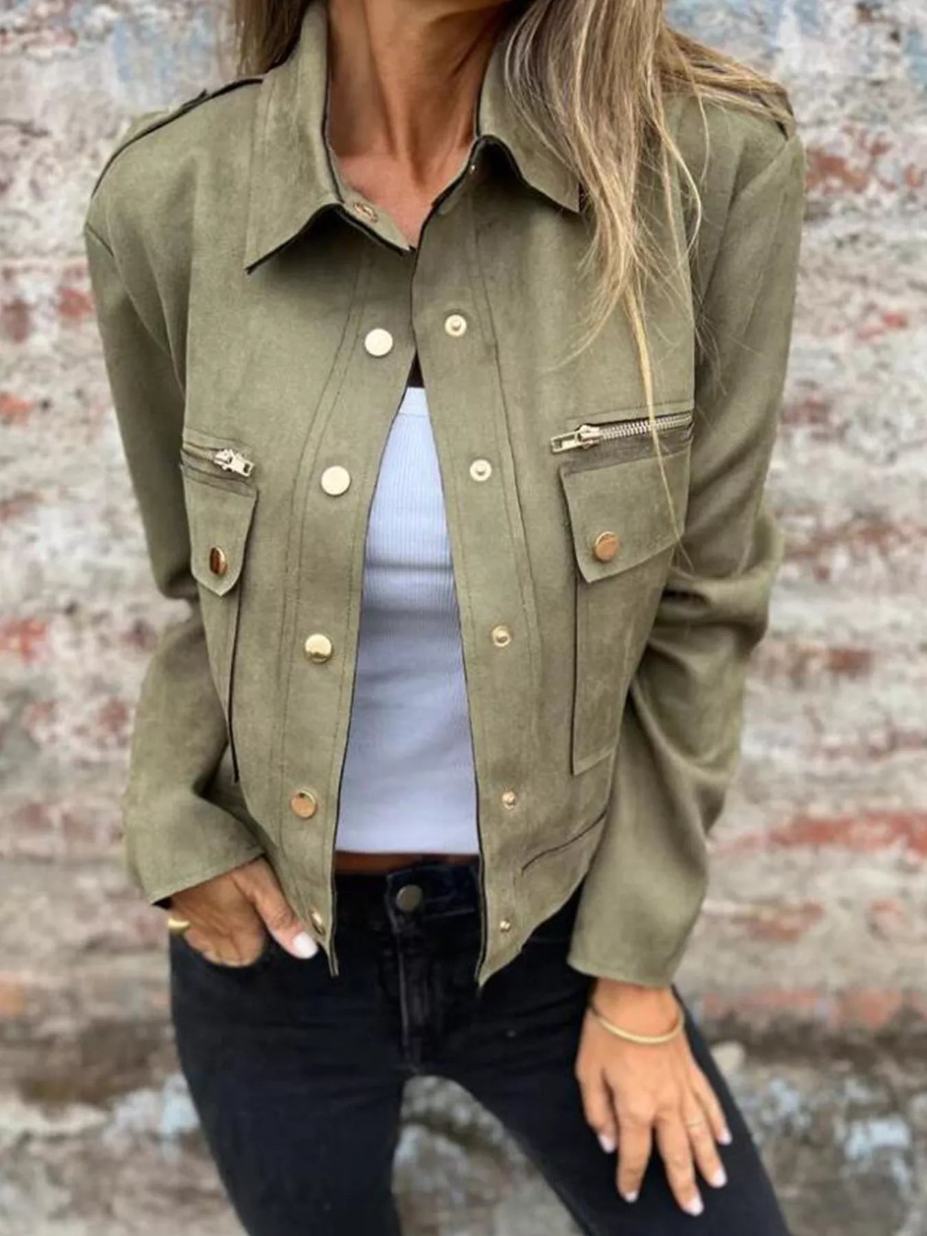 Full Size Snap Down Long Sleeve Jacket Plus Size front view
