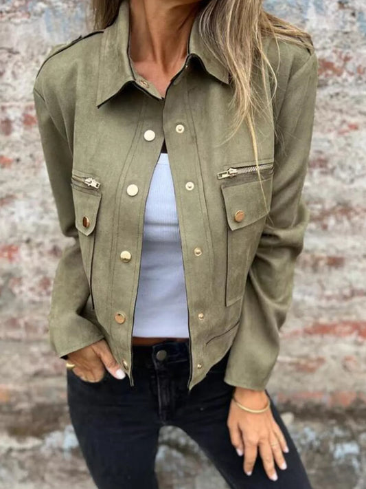 Full Size Snap Down Long Sleeve Jacket Plus Size front view