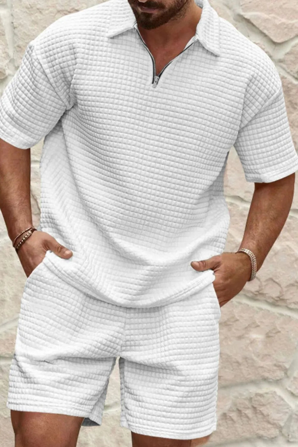 Men's zip collar short sleeve top and shorts set plus size on model standing