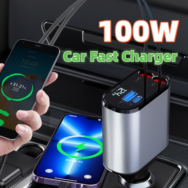 100W Metal Car Charger with USB and Type-C Adapter front view