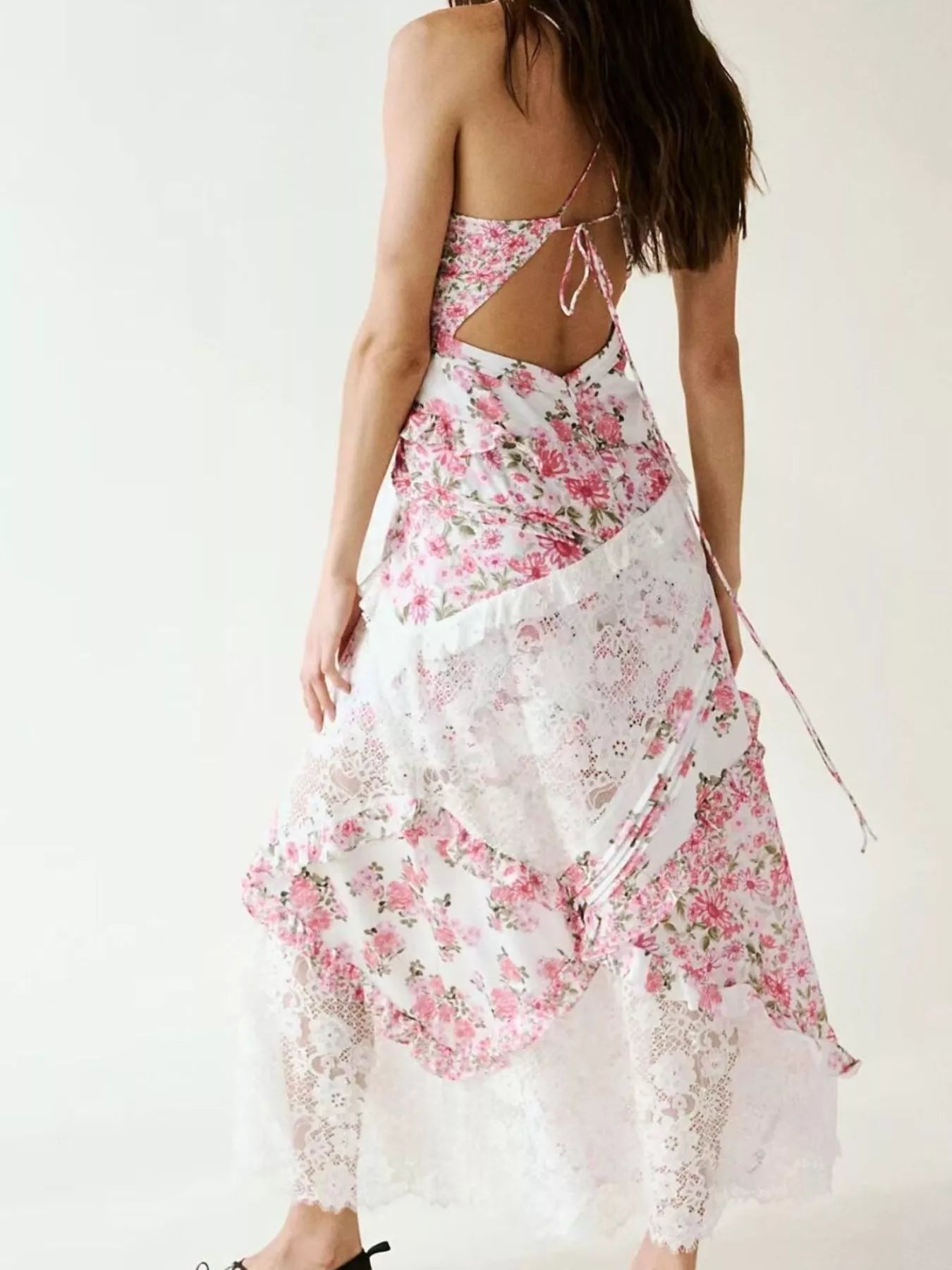 Lace detail ruffled floral v-neck maxi dress styled with heels