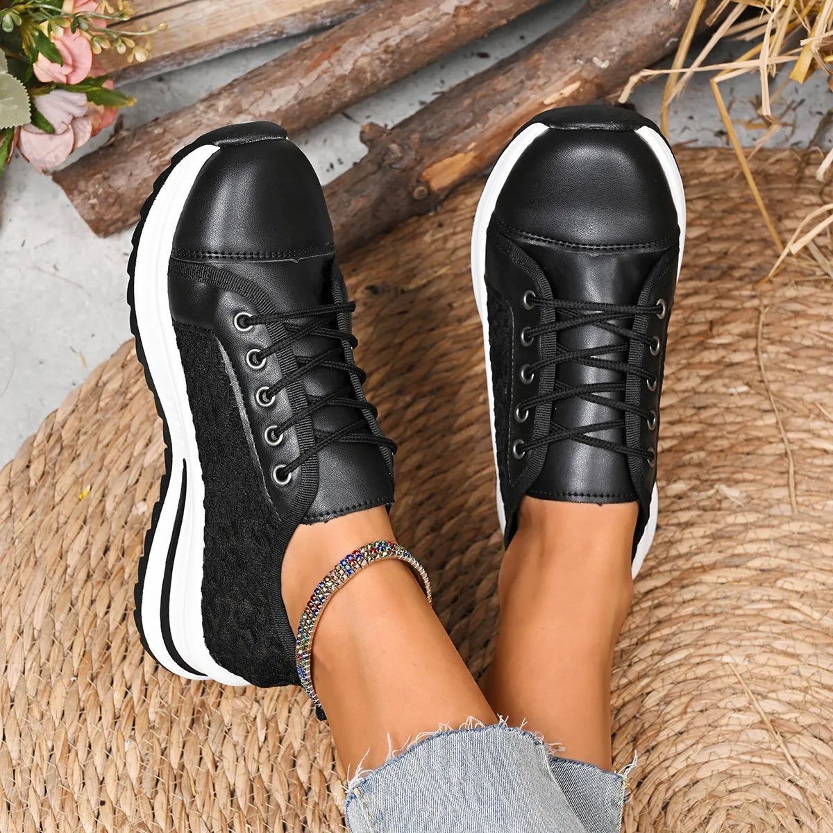 Lace-Up Platform Sneakers in black color
