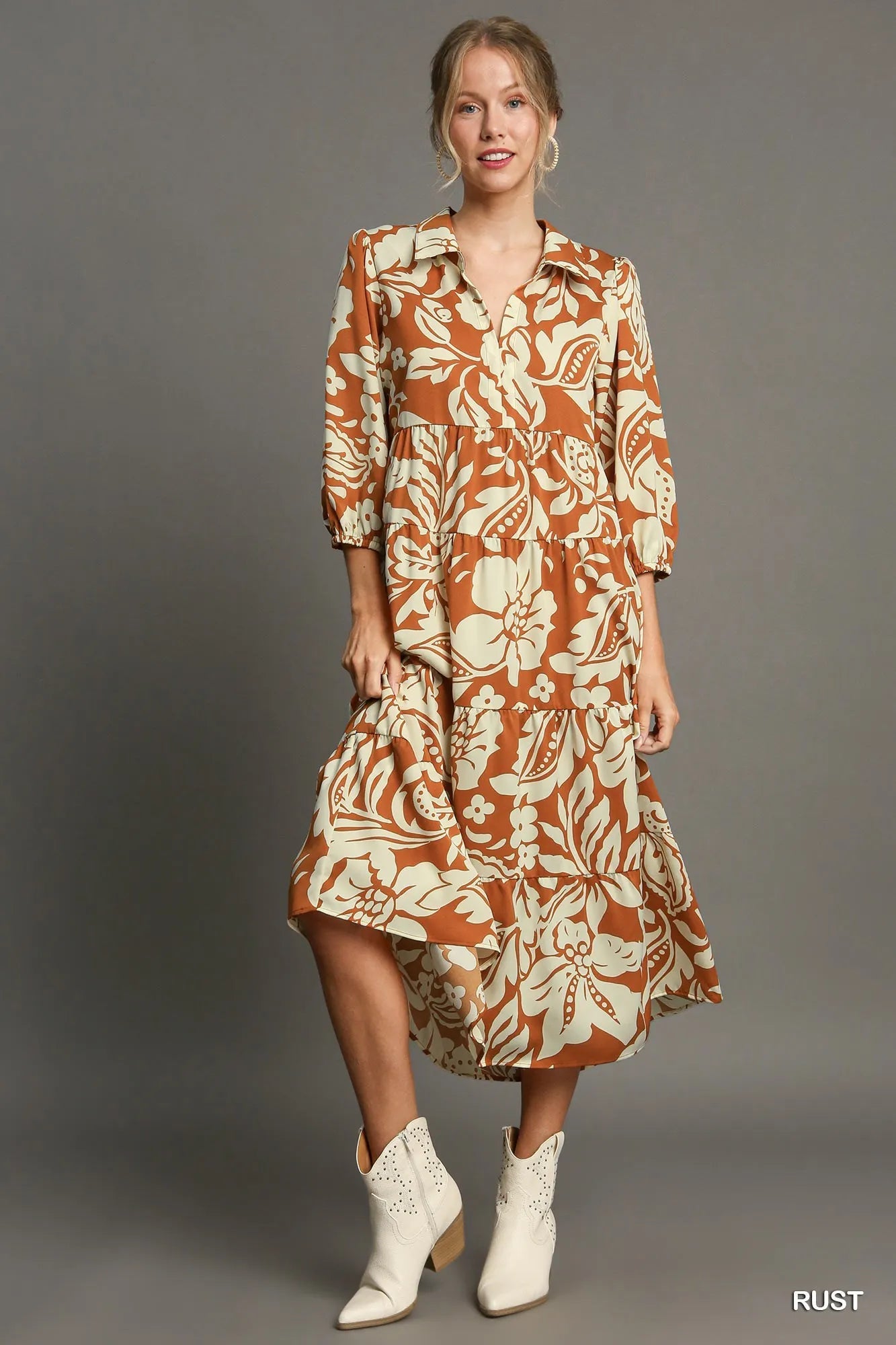 Umgee Full Size Floral Tiered Midi Shirt Dress Plus Size front view