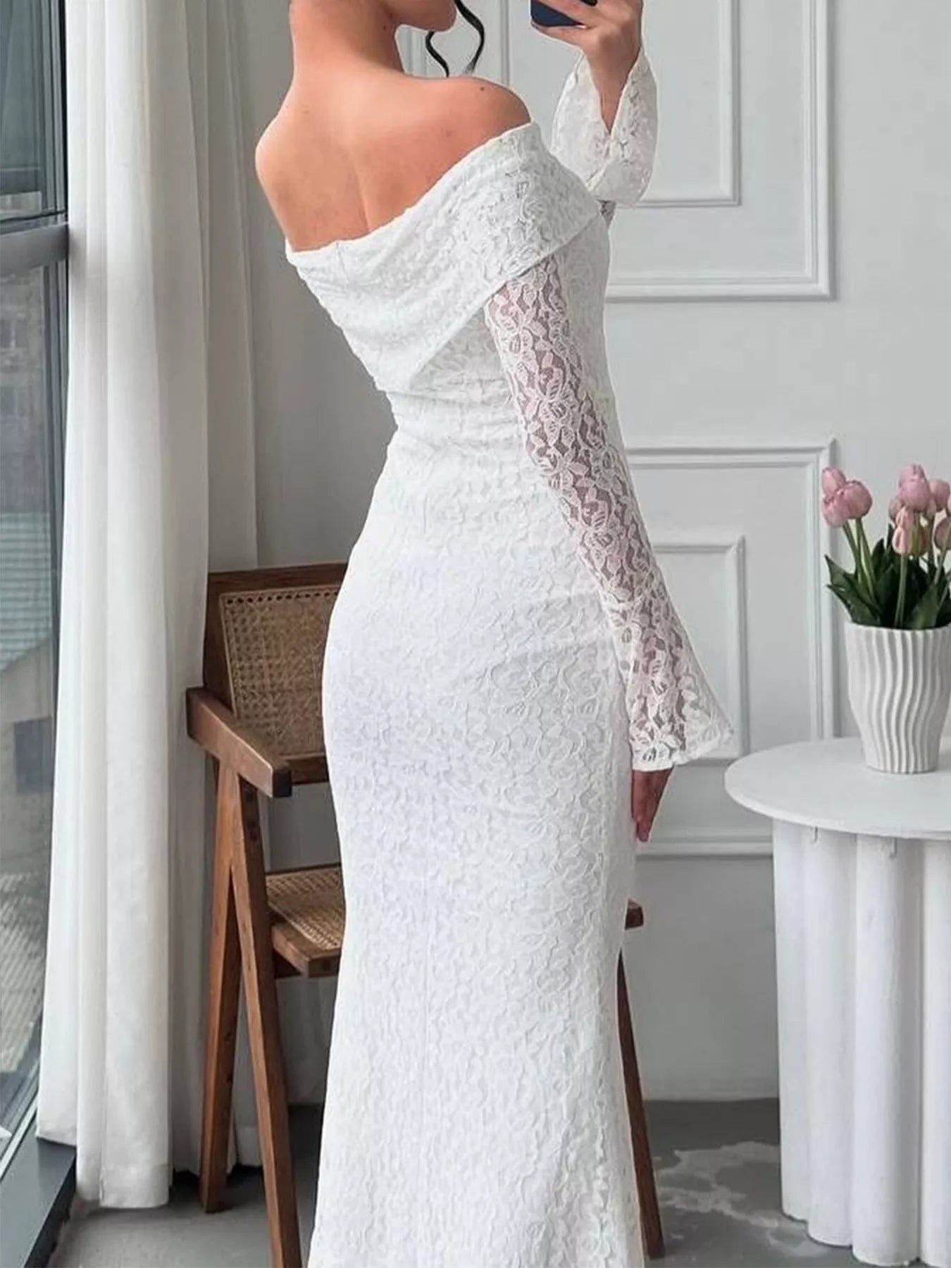 Off-shoulder lace bodycon maxi dress back view