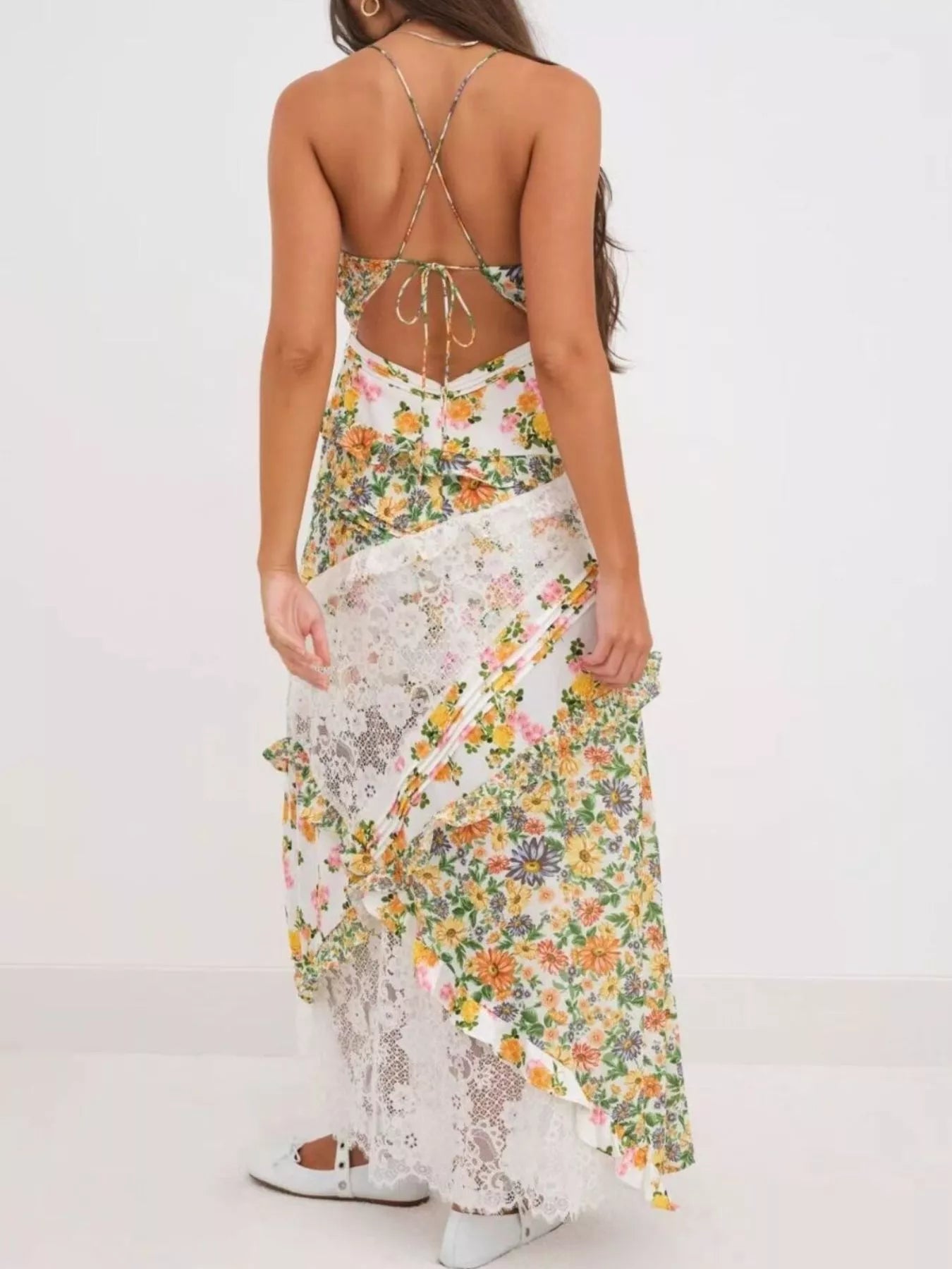 Lace detail ruffled floral v-neck maxi dress styled with sandals