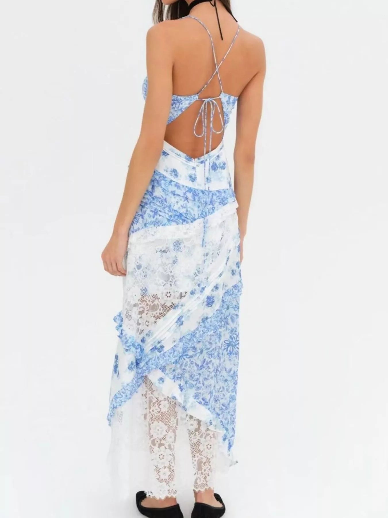 Lace detail ruffled floral v-neck maxi dress back view