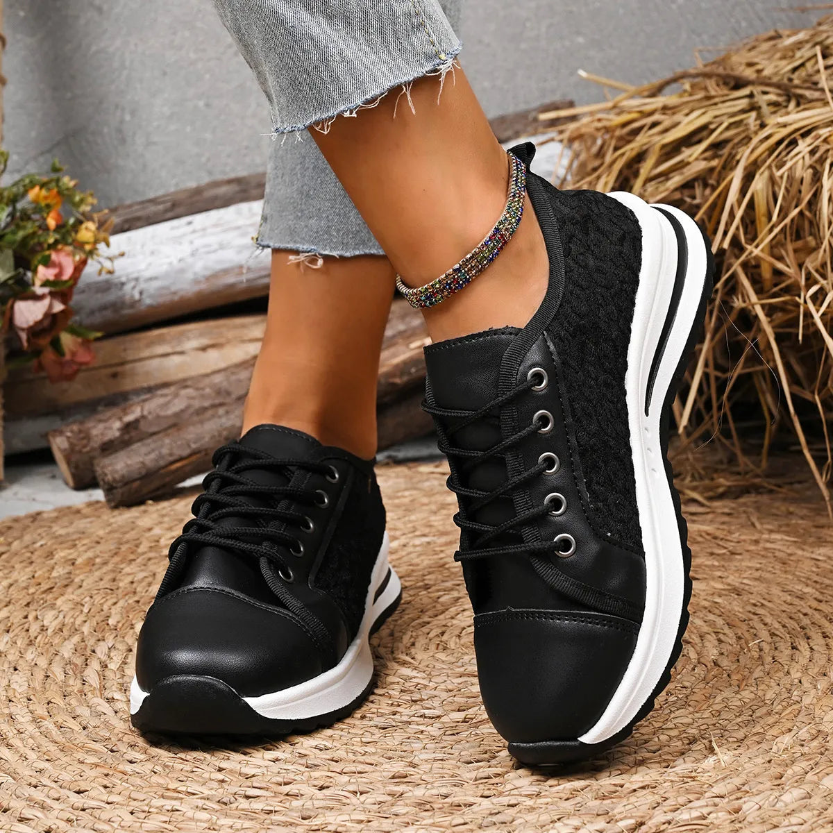 White Lace-Up Platform Sneakers on wooden floor