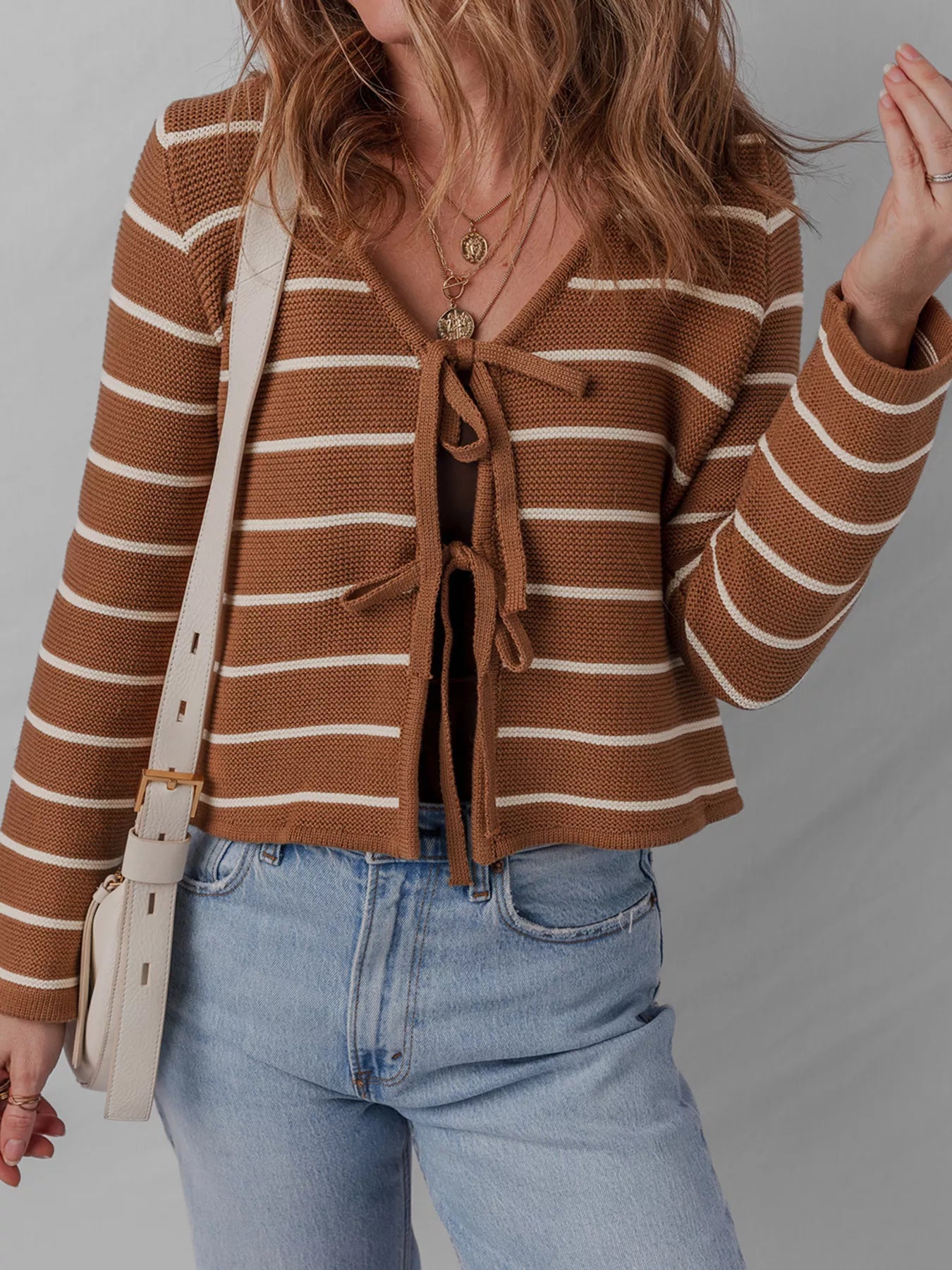 Tie Front Striped Knit V Neck Cardigan outfit idea