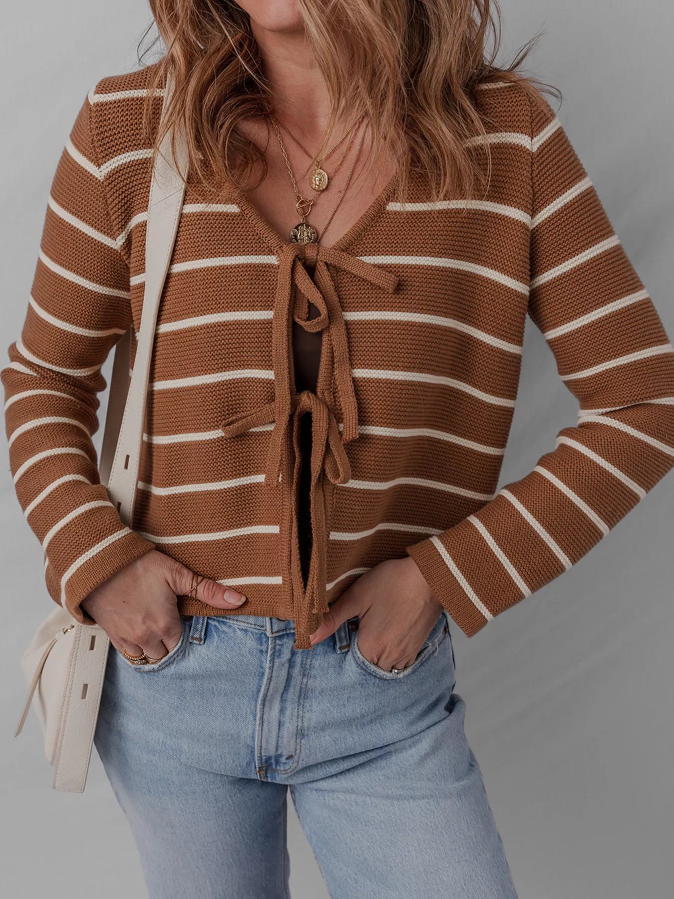Tie Front Striped Knit V Neck Cardigan front view