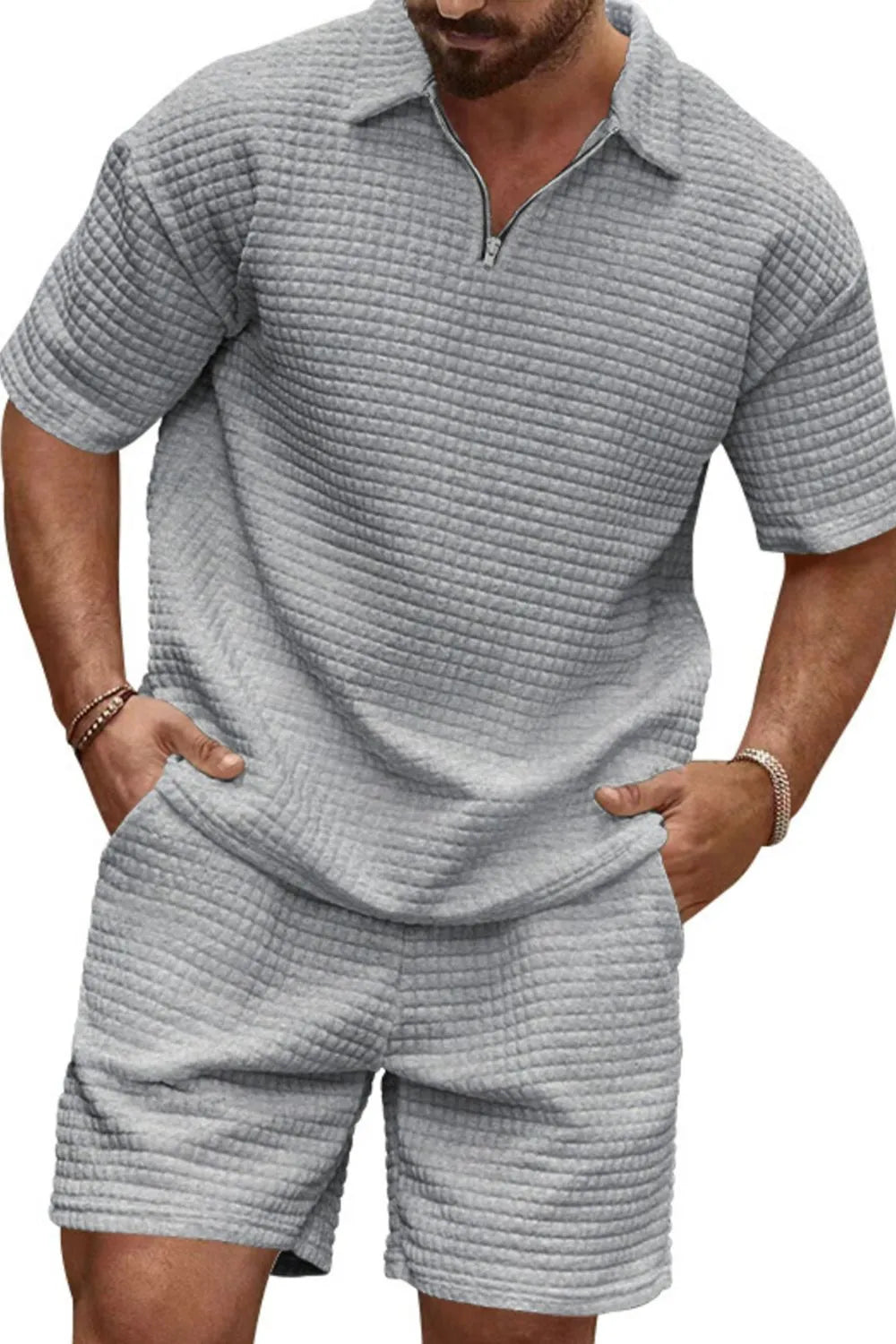 Men's zip collar short sleeve top and shorts set plus size folded flat lay