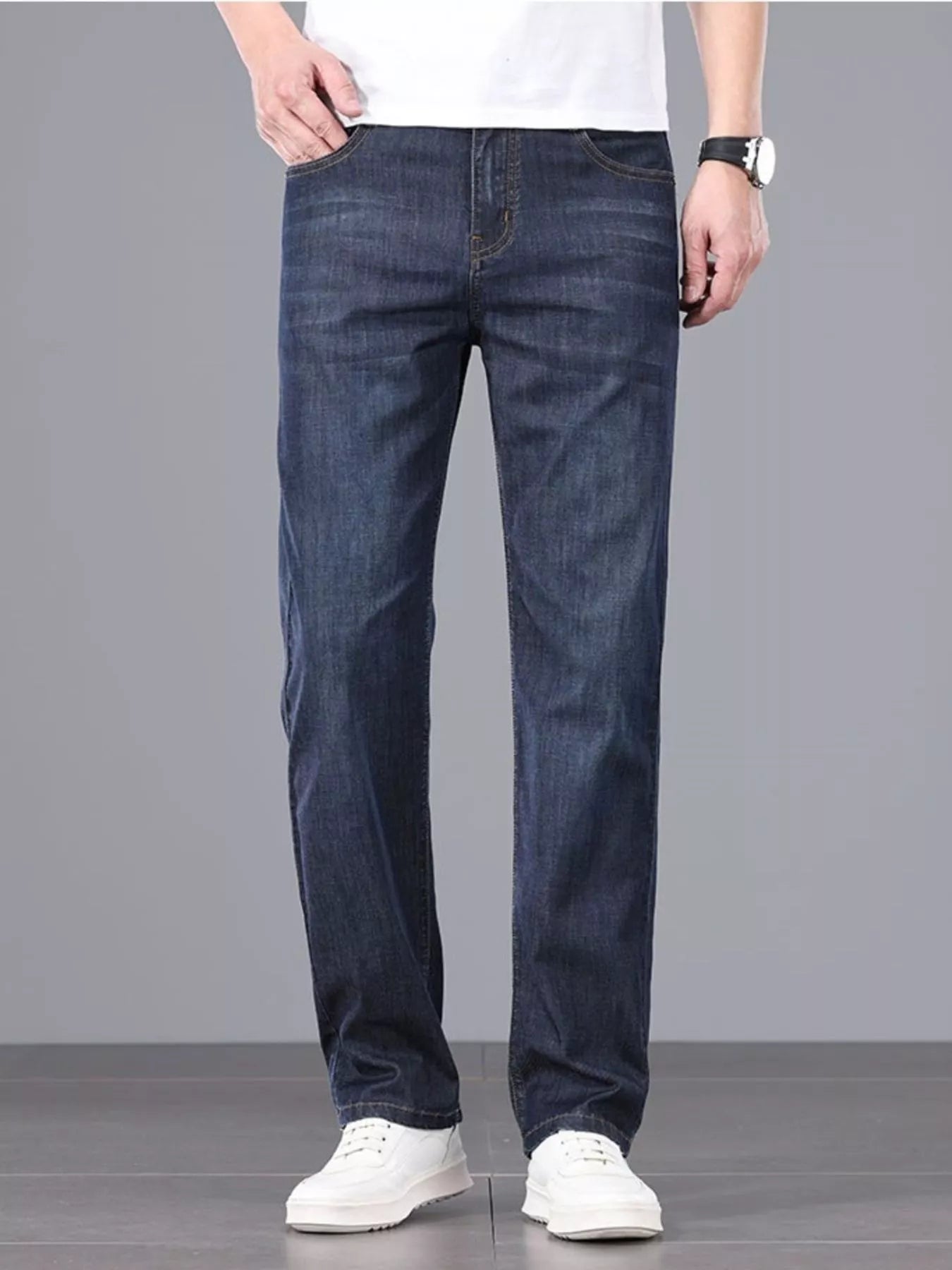 Men's straight fit wash jeans fabric close-up