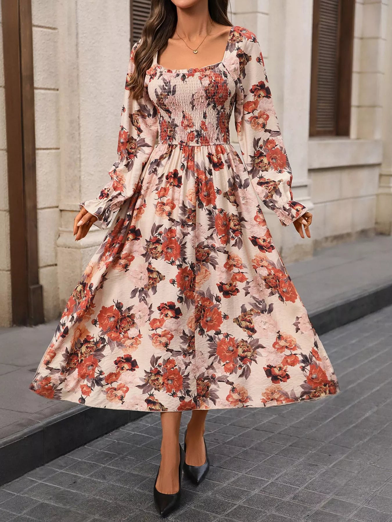 Smocked Floral Print Flounce Sleeve Dress full length display