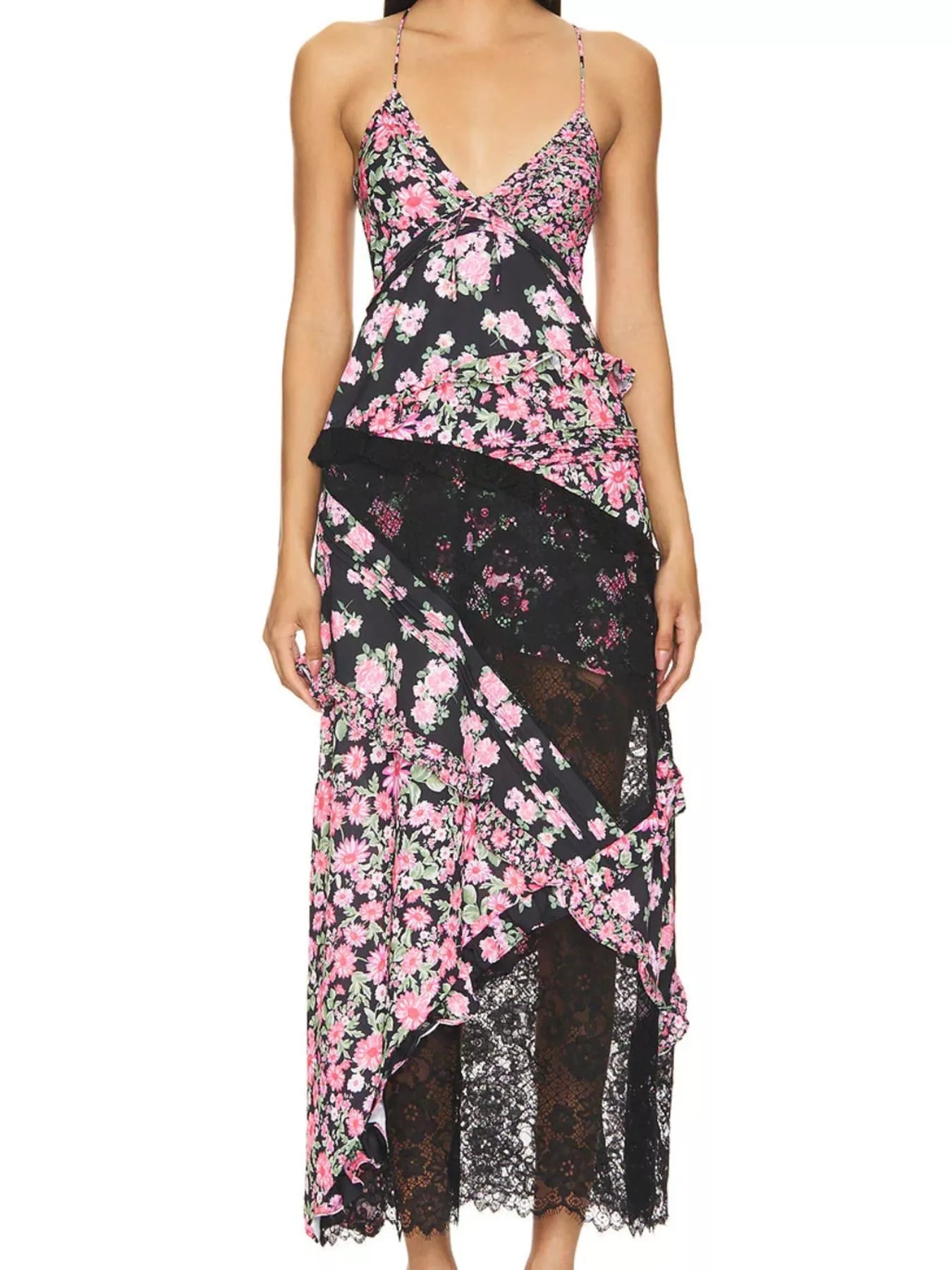Lace detail ruffled floral v-neck maxi dress close-up of lace