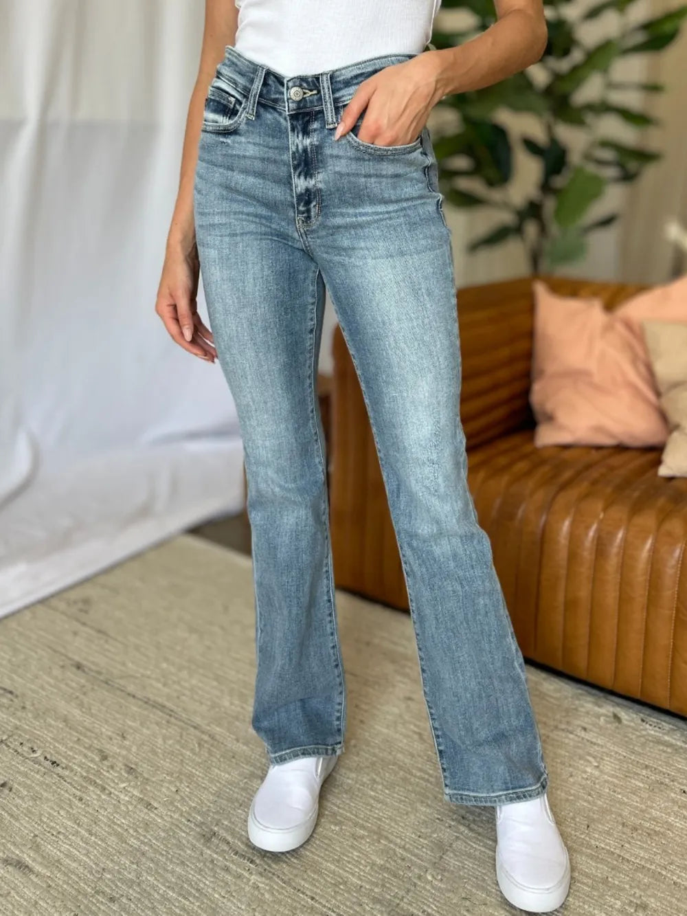 Judy Blue full size medium rise bootcut jeans front view