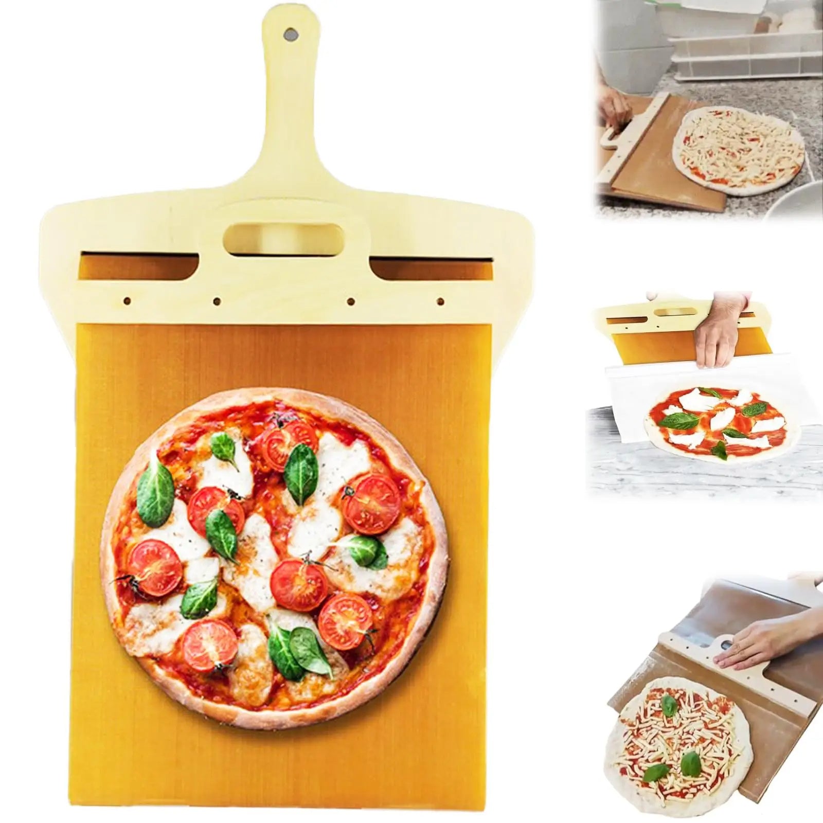 Sliding Non Stick Pizza Shovel transferring pizza from oven to plate