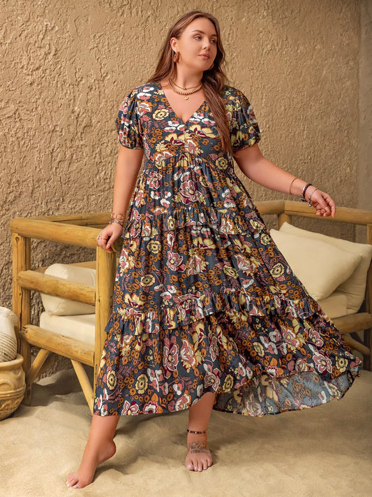 Plus size v-neck short sleeve midi dress front view