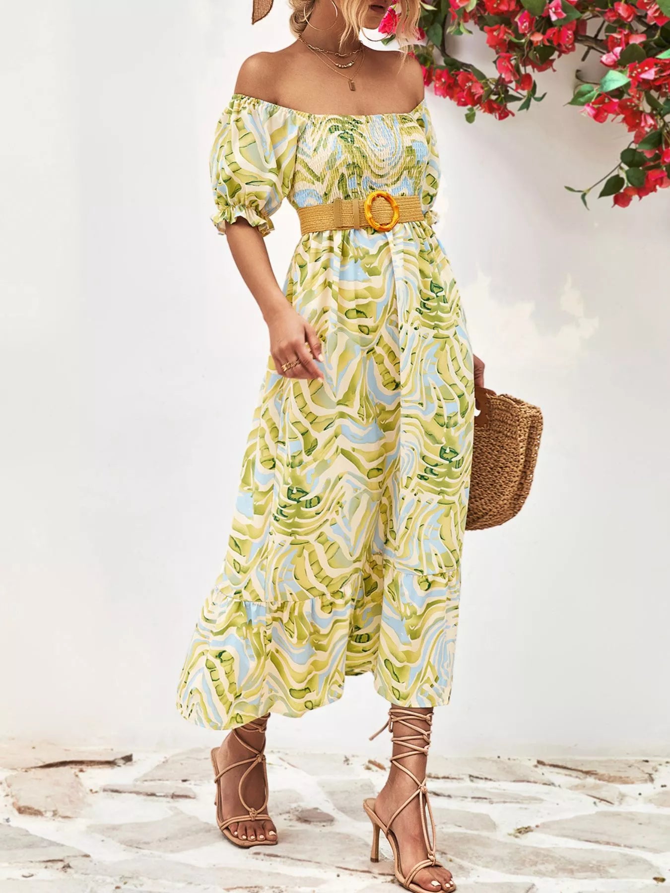 Smocked printed puff sleeve midi dress flowing hemline