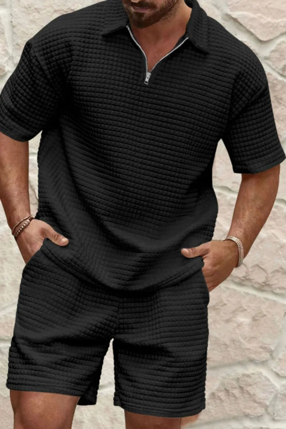 Men's zip collar short sleeve top and shorts set plus size in black, designed for comfort and style.