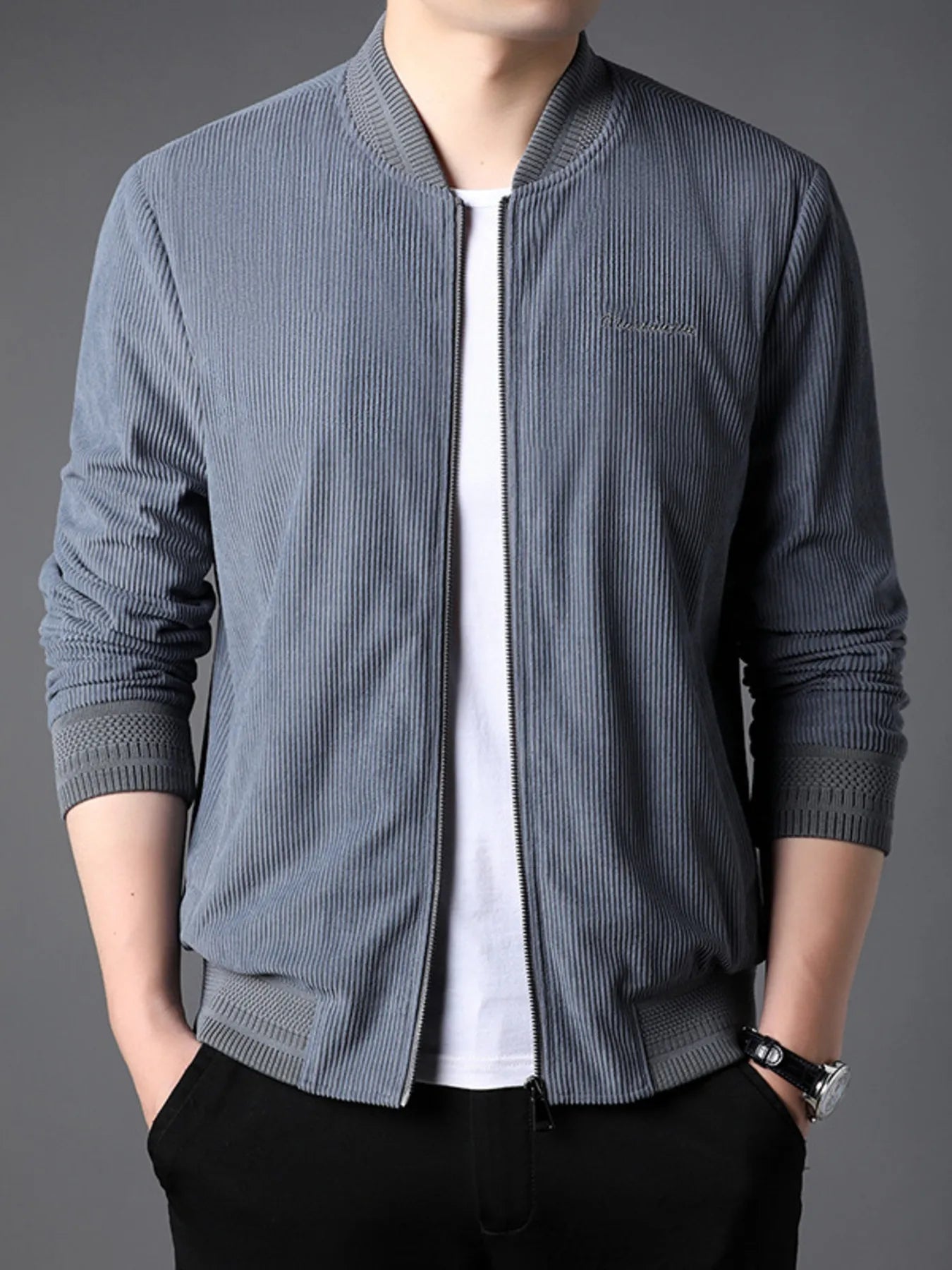 Men's zip up long sleeve jacket on model standing