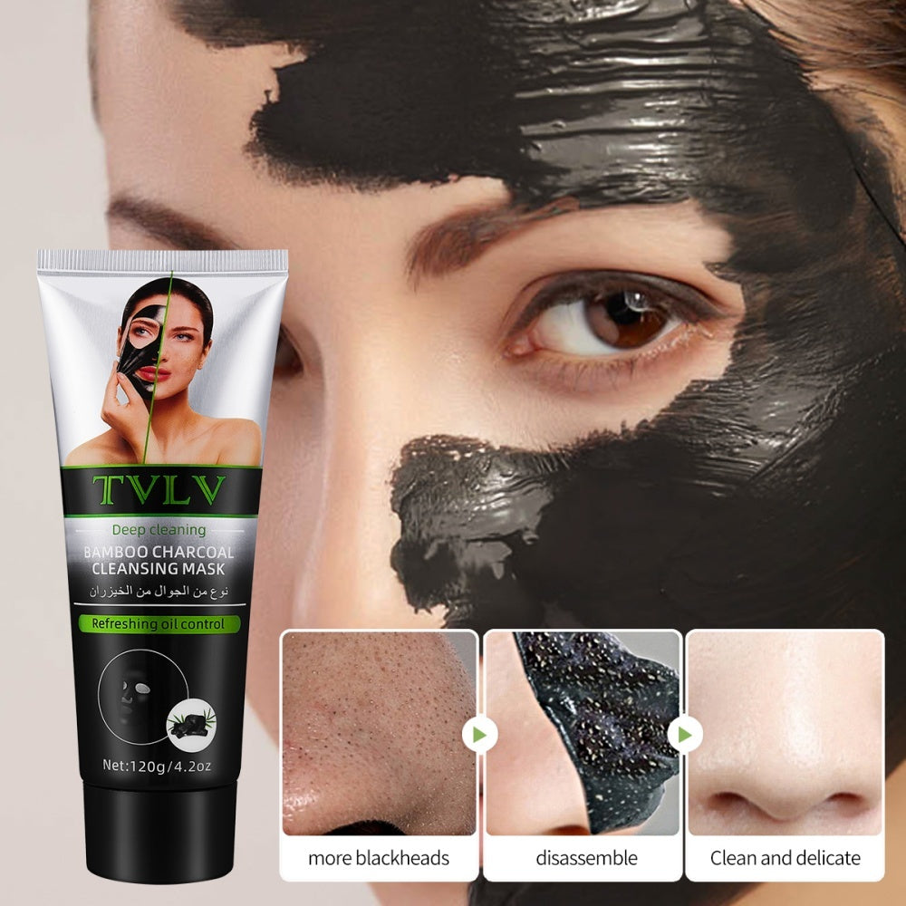 Model applying Bamboo Charcoal Cleaning Facial Mask to face