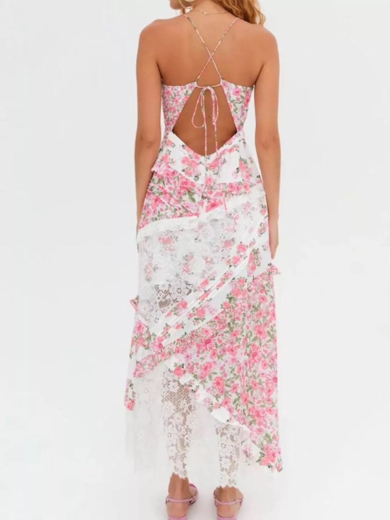 Lace detail ruffled floral v-neck maxi dress full length look