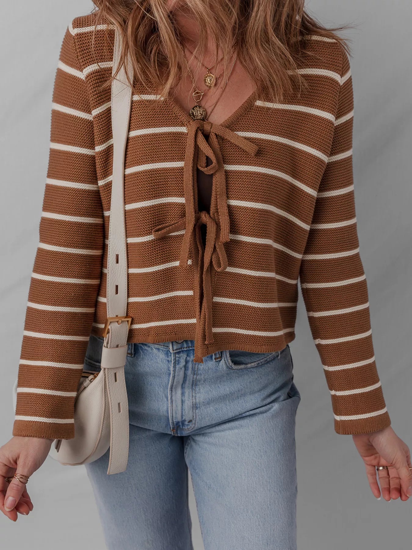 Tie Front Striped Knit V Neck Cardigan casual wear