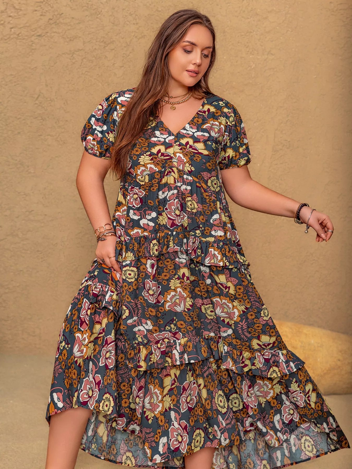Plus size v-neck short sleeve midi dress fabric close-up