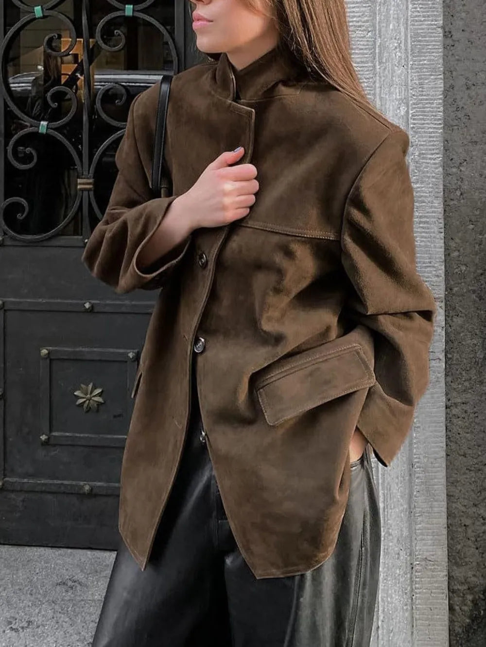 Stylish Lapel Collar Button Up Jacket outfit