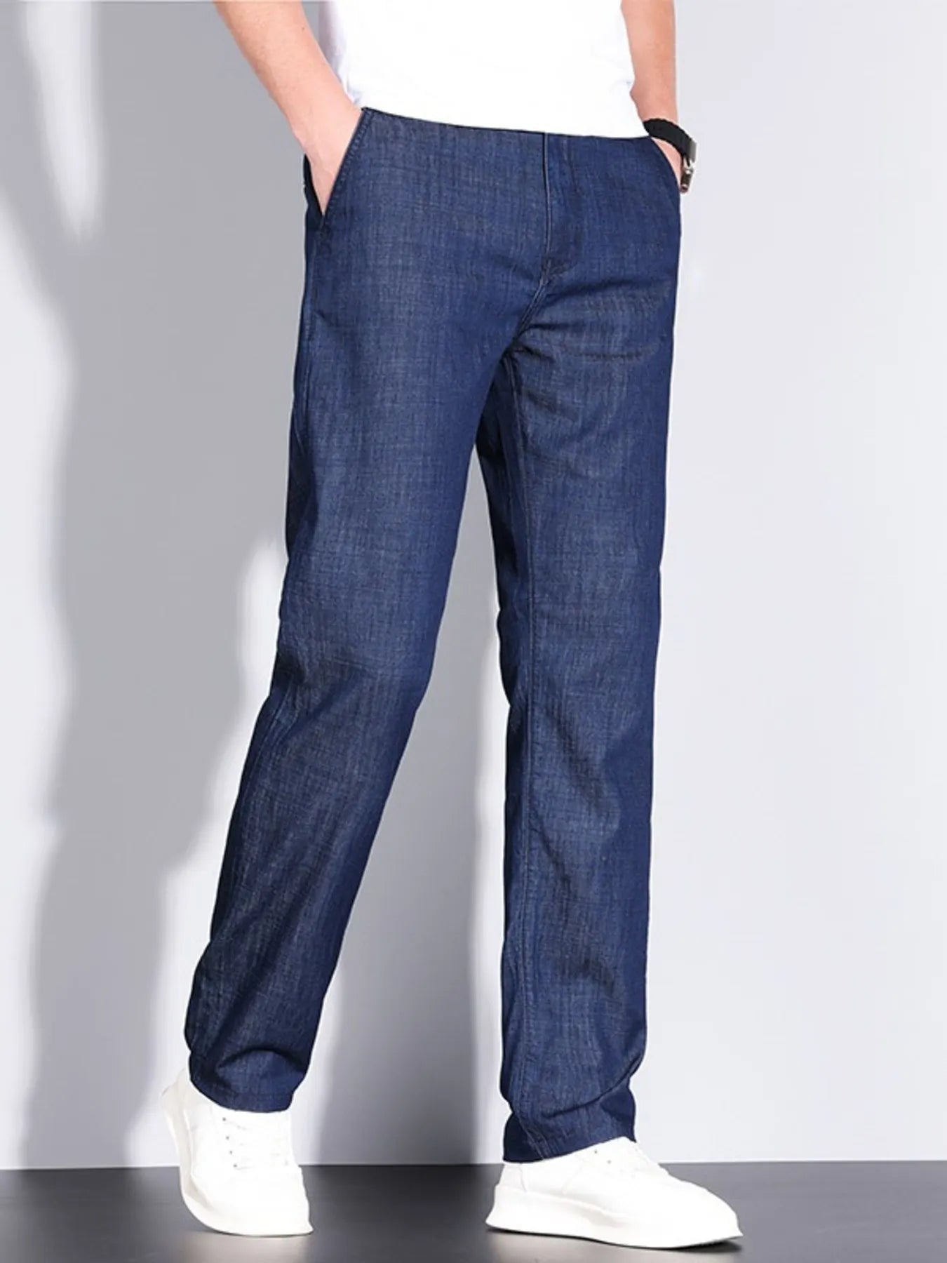 Men’s denim straight leg jeans side profile
