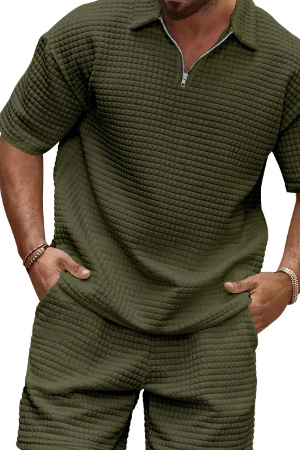 Men's zip collar short sleeve top and shorts set plus size styled outfit