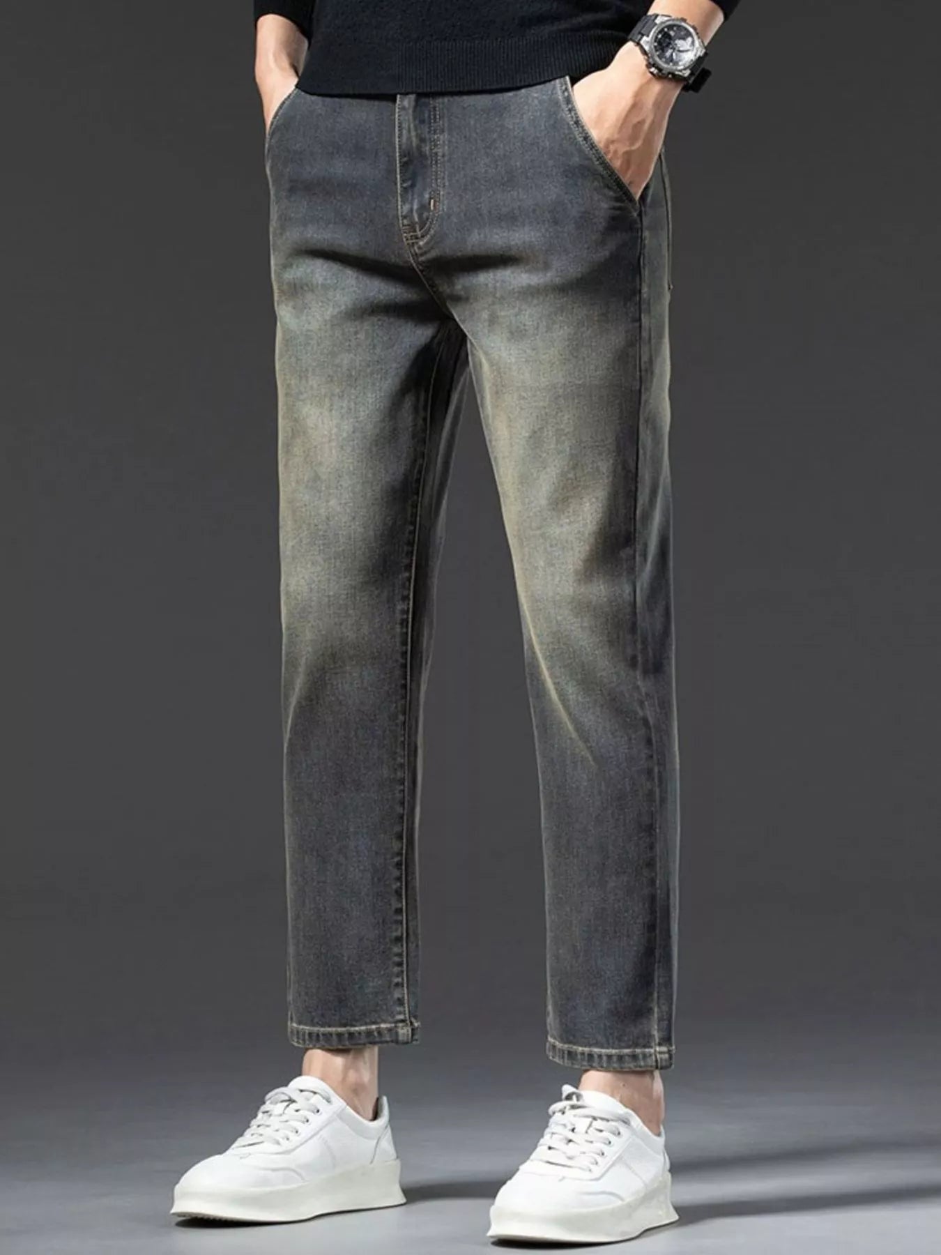 Vintage wash jeans for men front view straight leg denim