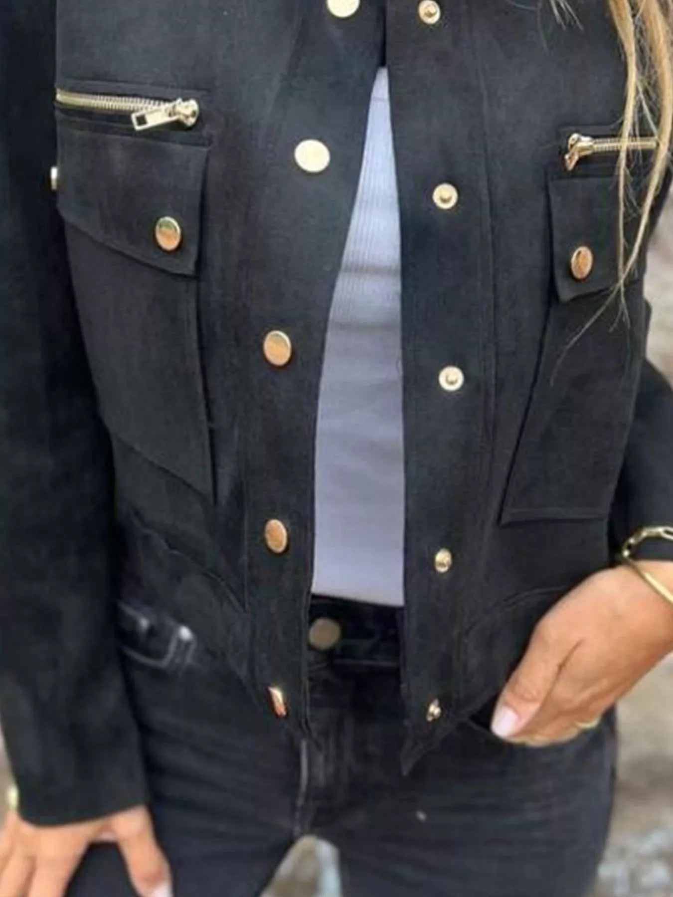 Full Size Snap Down Long Sleeve Jacket Plus Size collar design