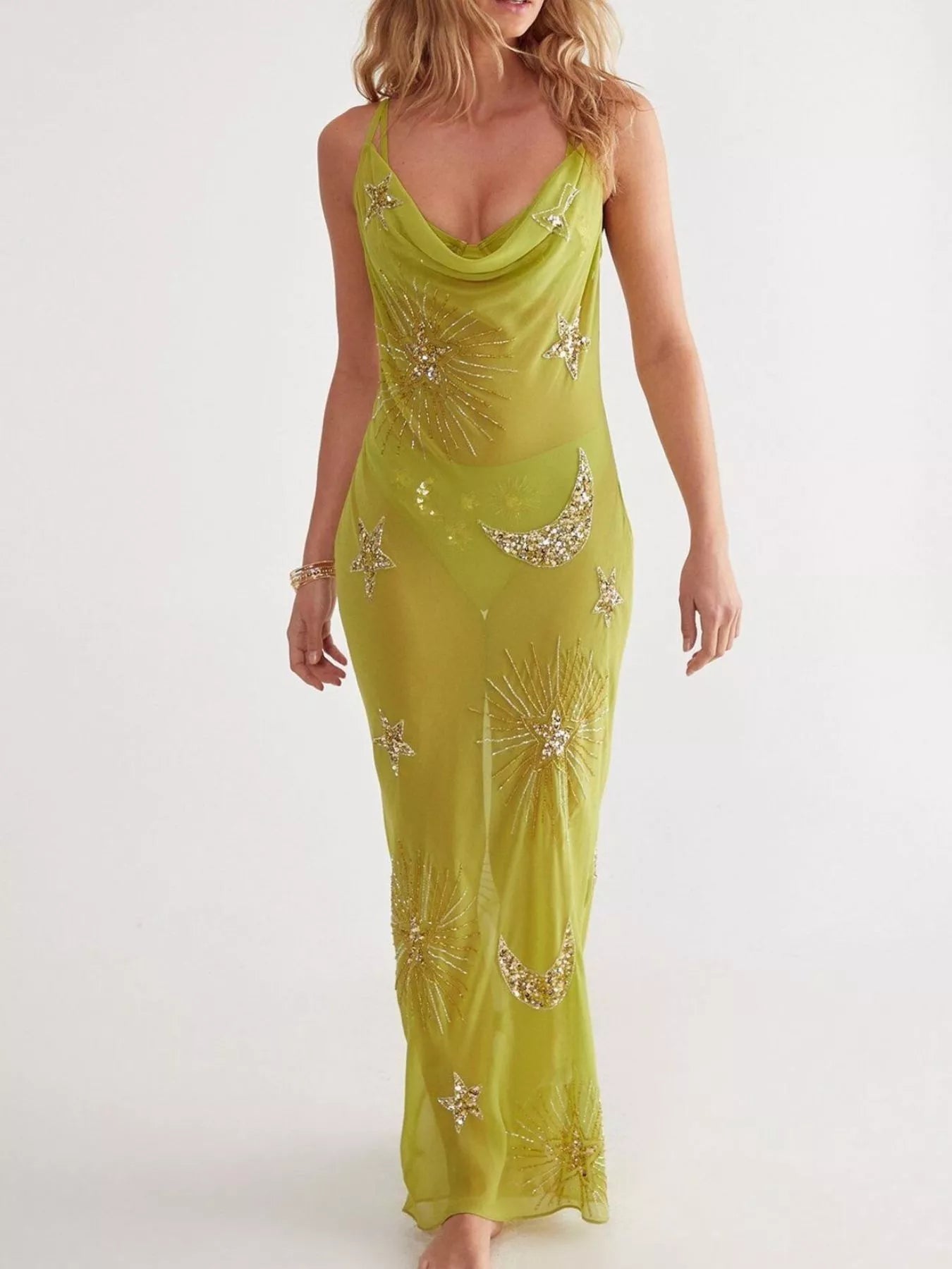 Cowl neck maxi cami dress full length look